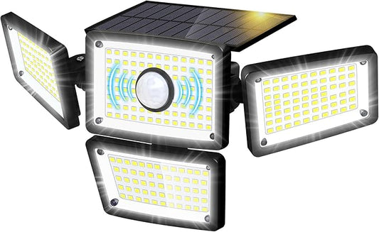 Solar Outdoor Motion Sensor Light, 4-Head 283 LED Solar Flood Light 3000LM 6500K, IP65 Waterproof Security Wall Lamp with Wide 270° Lighting Angle, Solar Powered Motion Sensor Lights(1Pack)