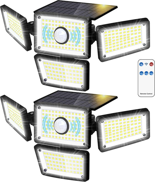 Solar Outdoor Motion Sensor Light, 4-Head 283 LED Solar Flood Light 3000LM 6500K, IP65 Waterproof Security Wall Lamp with Wide 270° Lighting Angle, Solar Powered Motion Sensor Lights(2Pack)