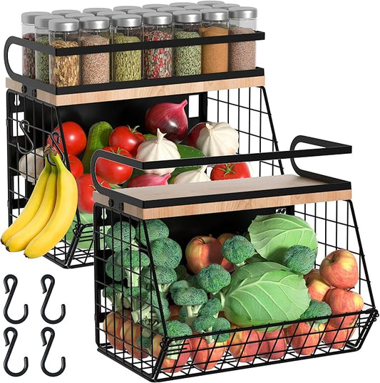 Magnetic Spice Rack for Refrigerator, Fruit, Potato & Onion Storage Bin,Large Capacity Magnetic Shelves for Side of Refrigerator, Kitchen Organizers and Storage Countertop,2 Pack Black