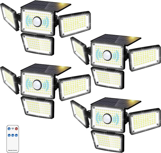 Solar Outdoor Motion Sensor Light, 4-Head 283 LED Solar Flood Light 3000LM 6500K, IP65 Waterproof Security Wall Lamp with Wide 270° Lighting Angle, Solar Powered Motion Sensor Lights(4Pack)